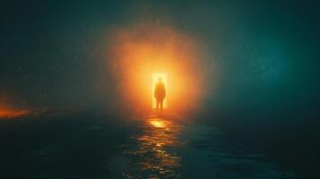 A lone figure stands at the entrance of the gateway their back turned as they contemplate the decision to cross over into the parallel . photo