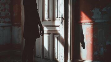 In a shadowy corner of the abandoned mansion a lone figure stands with their back to the camera their hand resting on a door that . photo