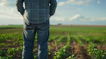 A farmer wearing worn jeans and a flannel shirt stands with their back to the camera as they gaze off into the distance. Behind them . photo