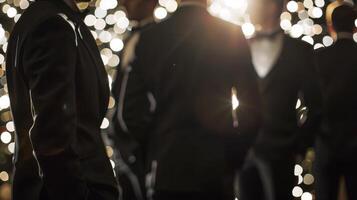 A row of sharply dressed men their hands in their pockets admiring the shimmering diamonds and pearls with fascination. . photo