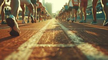 A group of runners crouch at the starting line their backs to the camera ready to sprint towards the finish line in a high stakes . photo