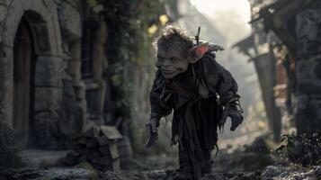 A mischievous imp darts through the scene his back hunched and his expression mischievous. He is dressed in a tattered and patched . photo
