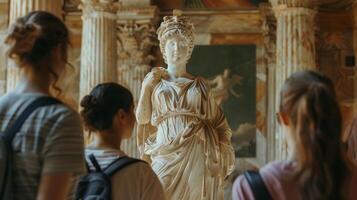Framed by twisting columns and intricate carvings a group of individuals gather around a marble statue their backs turned as they . photo