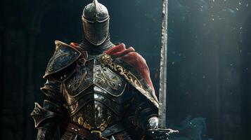 A brave knight stands tall and proud gazing off into the distance with determination. His armor is adorned with ornate designs and . photo