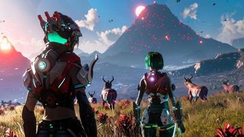 Two avatars one wearing a cyborglike helmet stand a a herd of strange holographic animals their backs turned to the camera. In the . photo