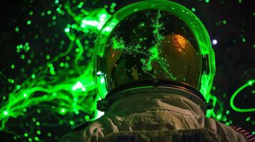 In the foreground the back of a lone astronauts helmet reflects the glowing green form of a mysterious being its tentacles reaching . photo