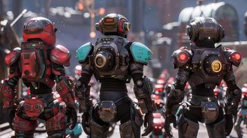 Three avatars all wearing futuristic armor stand side by side with their backs to the camera. In front of them a group of small friendly . photo