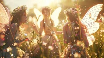A group of fairies flit about in the background their wings shimmering in the sunlight as they talk and laugh ast themselves. They . photo