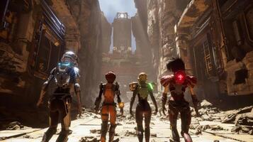 Four avatars each dressed in unique and futuristic apparel move through the ruins in unison with their backs to the camera. The ruins . photo