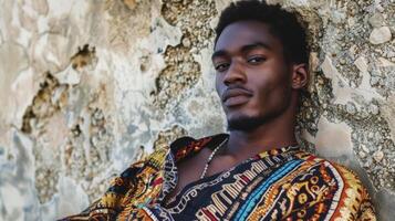 A young black man lounges against a textured stone wall effortlessly exuding charm and confidence. His ebony skin is adorned with shimmering gold accents complementing the bold patterns photo
