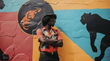 A powerful image of a black man sporting a beret his Afro standing tall and proud as he stands in front of a colorful mural featuring the iconic panther logo. photo