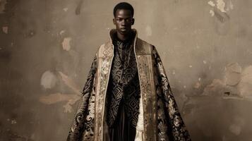 In a breathtaking display of artistic expression a young black man stands tall in a dramatic handmade couture cape. The intricate detailing and structure showcase a marriage of fashion photo
