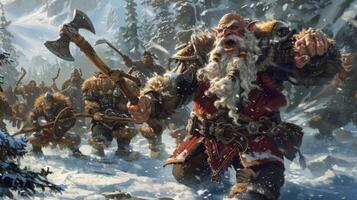 The back of a burly dwarf can be seen as he excitedly gestures to his companions reliving the thrill of battling giant trolls with . photo