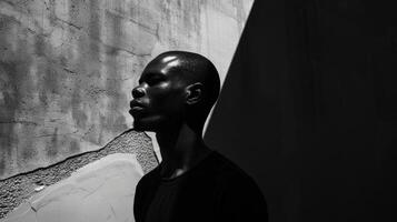 A solitary black man stands in a deserted street his posture slumped and his expression heavy. The dramatic contrast of light and shadow adds depth to the portrait capturing the photo