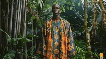 A regal black man stands tall in a lush jungle setting dd in a flowing kaftan with traditional African patterns. His gaze is strong and commanding reflecting the strength and resilience photo