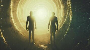 Two figures their backs to the camera stand on either side of the portal their hands intertwined and eyes closed in a moment of intense . photo