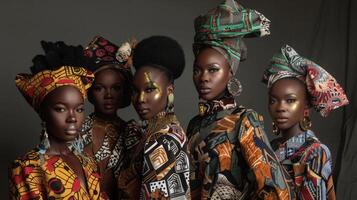 un grupo de negro mujer poses para un retrato cada vistiendo ropa presentando único tribal patrones y motivos el mezcla de colores y diseños celebra el diversidad de africano étnico foto