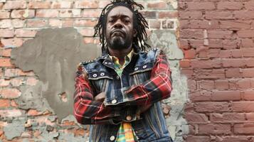 A black man stands tall and confident against a brick wall backdrop his shredded denim vest revealing a colorful plaid shirt underneath. His dreadlocks are styled in a messy unkempt photo