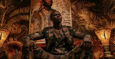 A black man gazes confidently into the camera dd in a tailored jacket and pants with intricate patterns and metallic details. His stance exudes power and individuality as if he is photo