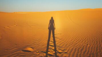 A person stands with their back to the camera their shadow stretching long against the sand dunes behind them. The stark contrast . photo