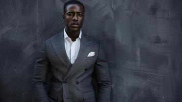 A confident black man exudes style in a tailored suit featuring a subtle herringbone pattern. The visual texture of the fabric enhances the classic silhouette making the suit a true photo