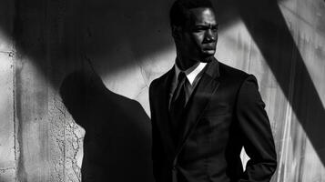 The striking contrast of shadows and light plays upon the features of a beautiful black man dressed in a monochromatic allblack ensemble. The sharp tailored lines of the suit and the photo