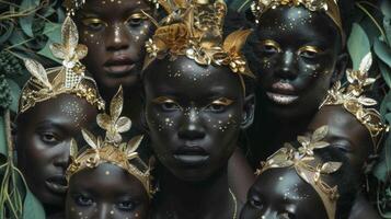 A group of black models transformed into ethereal elves with delicate golden crowns and intricate body paint. With their piercing gazes and ethereal energy they seem to have stepped photo