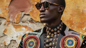 A dapper black man commands attention in a traditional African print blazer decorated with intricate beadwork and bold patterns. The fusion of cultural influences and high fashion photo