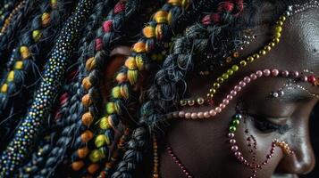 In this portrait a black womans natural hair is transformed into a work of art braided and decorated with beads and colorful threads. The intricate patterns and textures create a stunning photo
