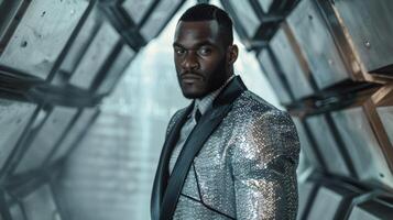 A black man exudes confidence and power as he looks into the camera wearing a tailored suit adorned with futuristic elements such as metallic accents and geometric patterns. His fearless photo