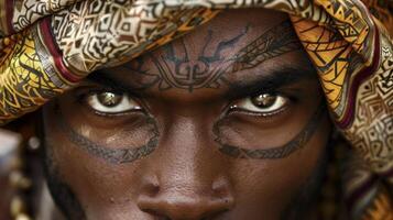 The image features a black man with a vibrant soul captured in warm earthy tones. His intense gaze is framed by long dark lashes and his face is adorned with intricate face tattoos. photo