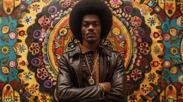 In this dynamic image a Black man stands tall against a vibrant backdrop of bold patterns and colors. His afro is expertly styled and his leather jacket exudes a sense of rebellion photo