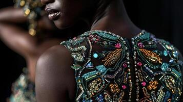 This stunning black woman exudes glamour and sustainability in equal measure. Her evening gown is a work of art created entirely from recycled fabrics and adorned with intricate beadwork photo
