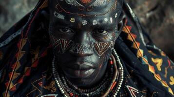 In a closeup shot a black man with a strong and determined expression is seen wearing a robe adorned with intricate patterns and symbols. His face and body are painted with traditional photo