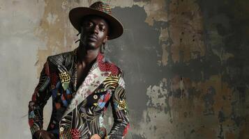 In this avantgarde portrait a fierce black man wears a dramatic ensemble featuring mismatched patterns and textures. He confidently poses with one hand on his hip showcasing the photo