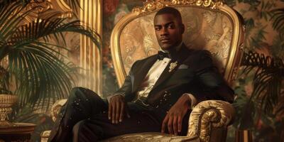 A handsome Black man sits in a lavish armchair his tailored suit d perfectly over his broad shoulders. His posture exudes sophistication as he gazes at the viewer one hand resting photo