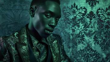 Amidst a backdrop of moody blues and rich emerald greens a black man is depicted in this Renaissance Noir portrait with a hint of subtle mischief in his expression. His intricately photo