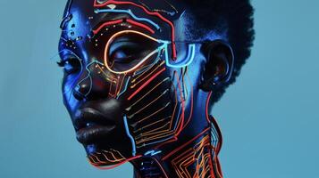 A striking black woman gazes serenely at the camera her face partially covered by a mask with geometric lines and glowing circuits. The rest of her outfit is equally striking mixing photo