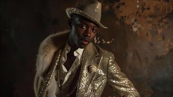 A striking black man oozes confidence and extravagance in this portrait evoking the splendor and excess of lavish parties. His sequined suit jacket shines under the soft lighting photo