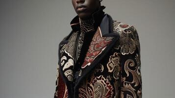 In a bold display of luxury and fashion prowess a black man dons a statementmaking coat adorned with intricate details and rich textures. With a hint of playfulness in his stance he photo