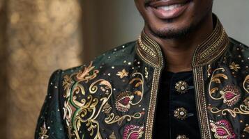 A debonair black man exudes regal charm in a sariinspired ensemble. The ornate detailing on the sari fabric is reflected in his tailored jacket while the vibrant colors and delicate photo