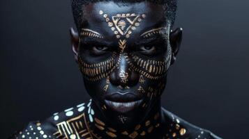 A striking black man with a commanding presence his face a canvas for intricate patterns and designs that fuse together traditional African art with abstract elements. His impeccable photo