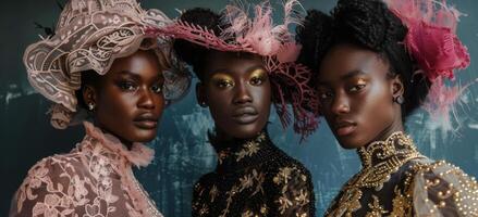 A group of three black women stand in a row each wearing a different haute couture ensemble that exudes elegance and grace. The way their outfits complement each other shows the harmony photo