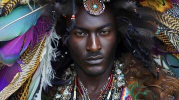 A handsome black man embodies a soul with his intense gaze and warm inviting hues. His wild voluminous hair is adorned with feathers and beads adding to his enigmatic and freespirited photo