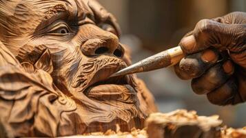 A hand grasps a tool skillfully carving a piece of wood into a beautiful sculpture. The intense focus in the eyes of the black artisan and the subtle lines and grooves in the wood photo