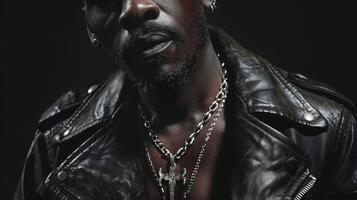 In this striking portrait a Black man exudes confidence and mystery. His face is halfshrouded in shadows only highlighting his piercing eyes. A leather jacket adorned with various photo