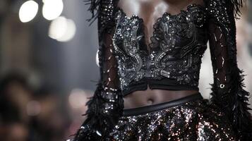 Image description A closeup shot of a black womans outfit highlights the intricate textures and details. Her top is a patchwork of leather lace and sequins while her skirt is a mix photo