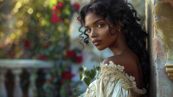 A breathtaking portrait of a black woman her dark hair cascading down her back in soft waves as she leans against a balcony overlooking a lush garden. Her ethereal dress with its photo