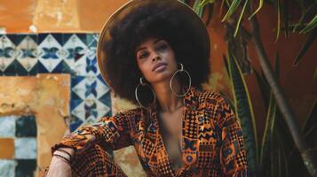 In a nod to 70s fashion a black woman poses in a groovy velour jumpsuit accessorized with a wide brim hat and platform sneakers. The geometric patterns of her outfit are complemented photo