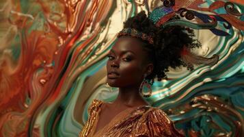 A regal black woman stands in front of a backdrop of swirling fluid lines her Art Nouveauinspired gown cascading down her body like a waterfall. Her hair is adorned with vibrant feathers photo